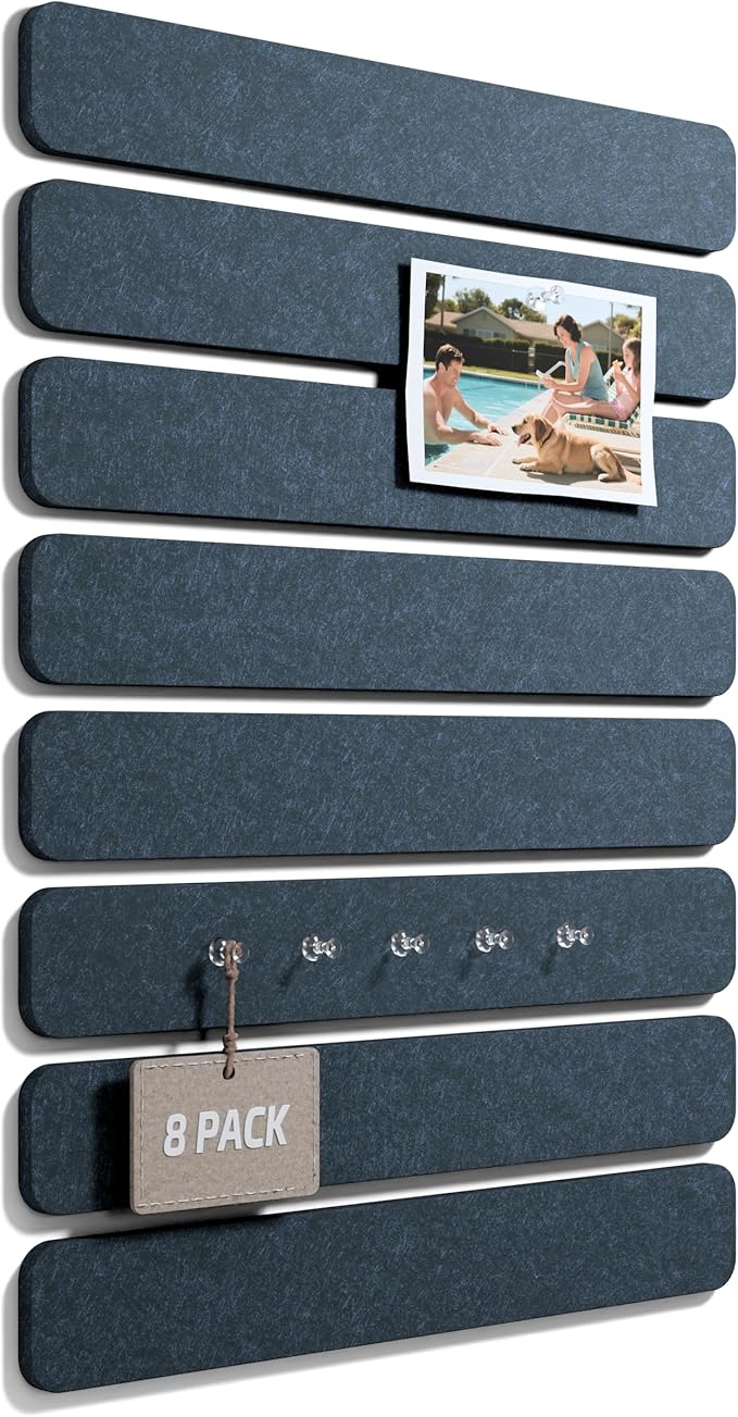 Fluxynara Cork Board Alternative Felt Strip Board 8-Pack 13"x2", Office Pin Board with 50 Push Pins, Adhesive Install for Bedroom Door & Home Office(Denim Blue)