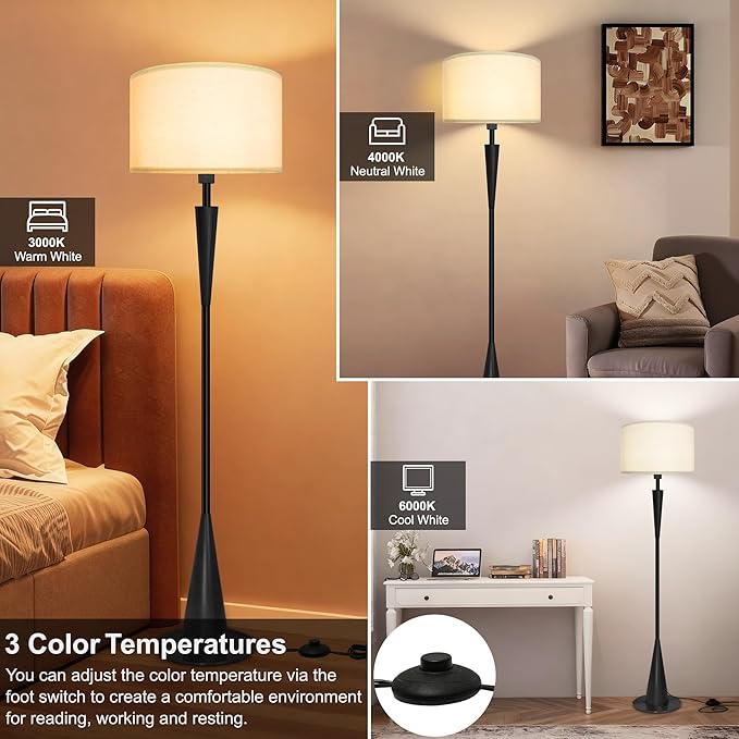 Floor Lamp for Living Room, Wood 3 Color Temperatures & Linen Shade, Modern Reading Standing Lamp with 9W LED Bulb, Mid Century Night Light for Farmhouse, Bedroom, Office, Black