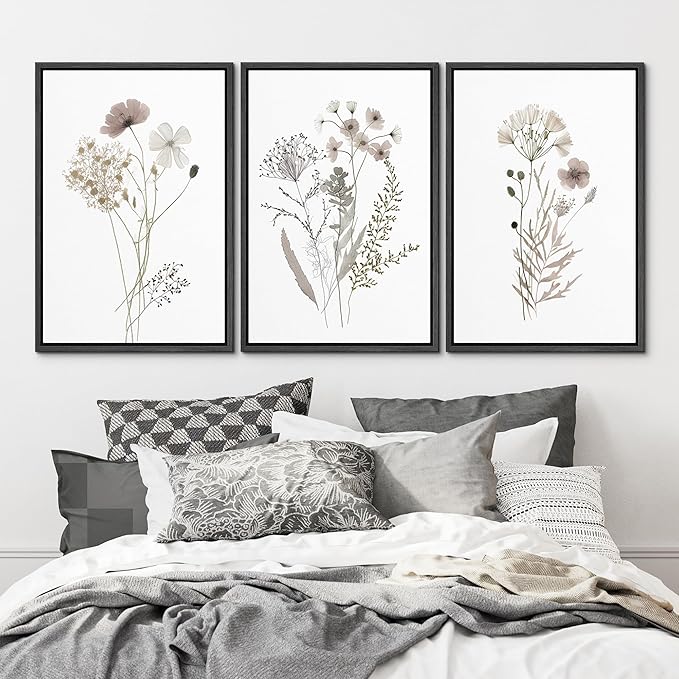 MUDECOR Framed Canvas Print Wall Art Watercolor Wildflower Art Print, Floral Botanical Prints, Minimalist Art, Modern Farmhouse for Bedroom - 24"x36"x3 Black