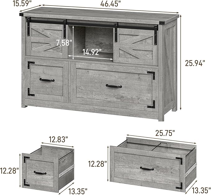 Vabches Lateral File Cabinets 2 Drawer with Sliding Barn Doors, Farmhouse Filing Cabinet with 2 Drawer for Home Office，Filing Organization Storage Cabinets for Hanging Files Letter/Legal/F4/A4.Grey