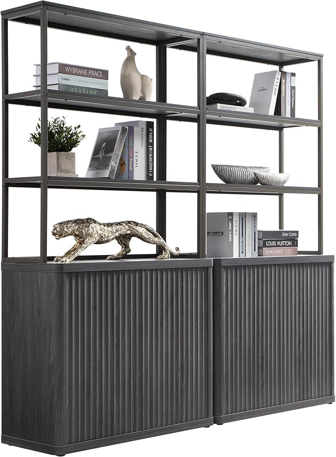 SICOTAS Book Shelf Fluted Bookshelf 71" Tall Bookcase with Doors Storage 5 Tier Mid Century Modern Bookshelves Large Shelves Metal Book Cases for Living Room Office Bedroom Kitchen Library (Black)