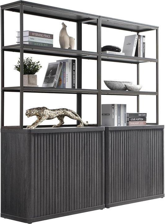 SICOTAS Book Shelf Fluted Bookshelf 71" Tall Bookcase with Doors Storage 5 Tier Mid Century Modern Bookshelves Large Shelves Metal Book Cases for Living Room Office Bedroom Kitchen Library (Black)