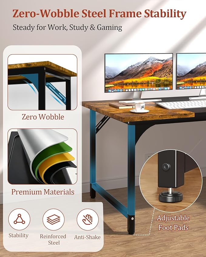 Computer Desk 55.1" Office Desk, Extra Wide 23.62” Carbon Fiber Deep Desktop, 0.59” Thick Heavy-Duty Home Office Desks, Office Table with Steel Frame, Wood Desk for Bedroom Study Writing Gaming Work