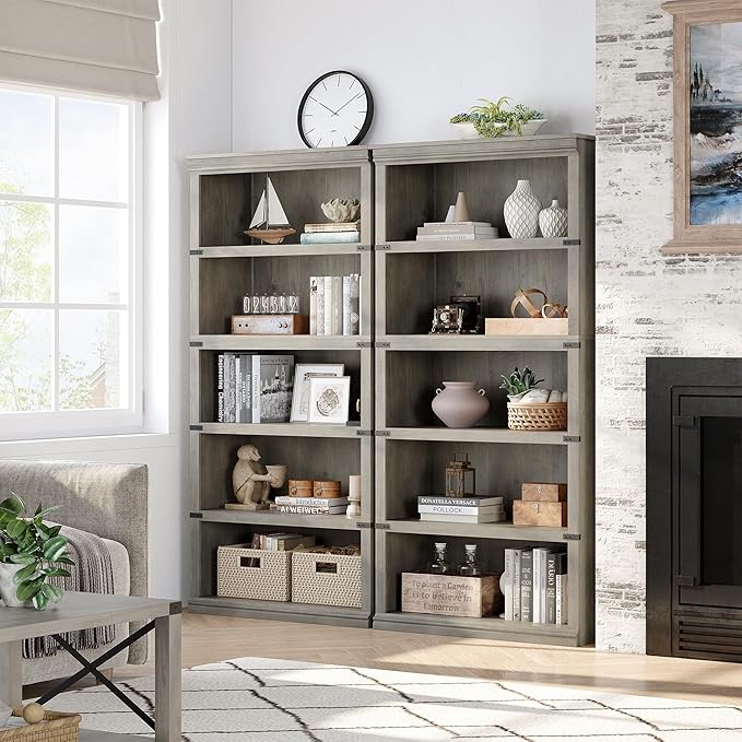 Farmhouse Book Shelf, 5 Tier Book Shelf for Display, 67.4" Wooden Bookcase for Storage, 5 Shelf Display Shelvesfor Home Office, Living Room, Bed Room-Grey
