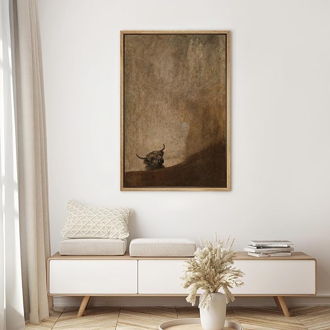 SIGNWIN Framed Canvas Print Wall Art Rustic Highland Cow Portrait in Warm Earth Tones Illustrations Modern Decorative for Living Room, Bedroom, Office - 16"x24" NATURAL