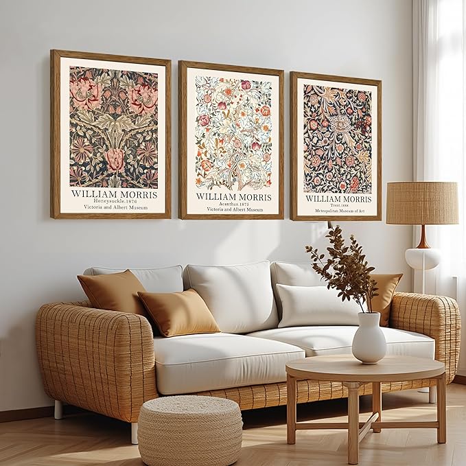 Krtoni 3PCS Framed William Morris Wall Art, Rustic Farmhouse Floral Wall Decor, Vintage Flower Plants Aesthetic Paintings, Flower Botanical Art Prints for Living Room Bedroom Bathroom 12W x 16H