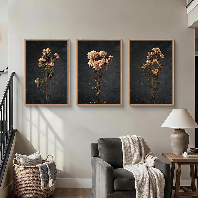 HOURIA Moody Boho Floral Framed Canvas Wall Art Set,Vintage Black Flower Wall Decor,Mid Century Minimalist Wildflower Artwork,Nature Retro Botanical Art Print for Living Room,Bedroom,Office- 24"x36"x3