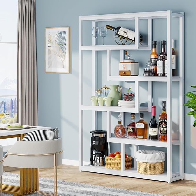 Tribesigns Way to Origin 6-Shelf Industrial Bookshelf Set of 2, Modern Etagere Bookcase, 69 Inch Tall Storage Display Staggered Shelves with Sturdy Metal Frame for Home Office, White