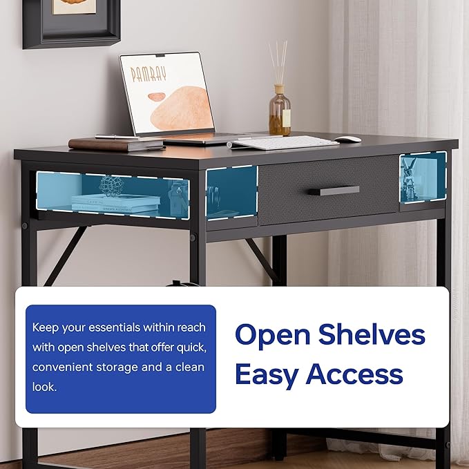 Pamray 32 Inch Small Computer Desk with Drawer and Shelves Simple Study Work Table for Bedroom Marble