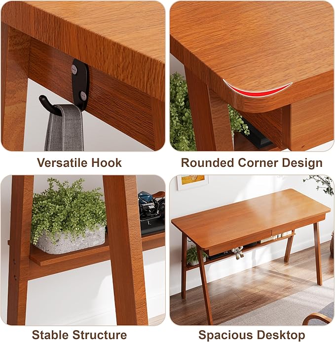 Solid Wood Desk with Drawers - 39.4 Inch Mid Century Modern Desks with Storage Shelf, Small Writing Desk for Small Spaces, Home Office Desks for Bedroom & Home, Walnut Color
