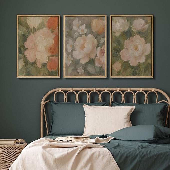 SIGNFORD Framed Wall Art Print Set Soft Pastel Peony Floral Romantic Botanical Digital Art Modern Art Contemporary for Living Room, Bedroom, Office - 16"x24"x3 NATURAL