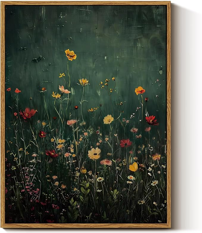 InSimSea Framed Canvas Prints Art Vintage Decor, Wildflower Field Antique Painting, Rustic Floral Botanical Wall Art for Living Room Bedroom Home Bathroom Wall Decor, 12x16inch