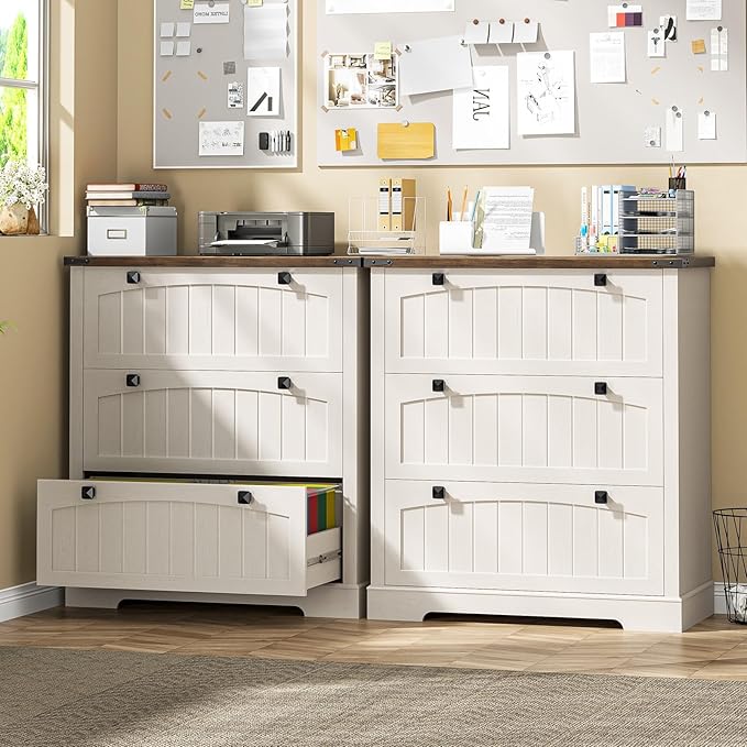 File Cabinet with 3 Drawers, Lateral File Cabinet for Letter/Legal/A4 Size Hanging Files, Large Wood File Storage Cabinets Printer Stand for Home Office, Rustic White