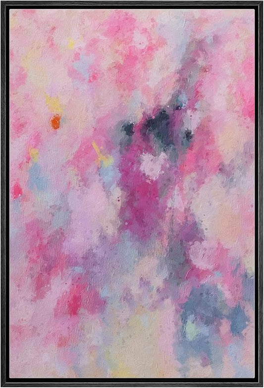 MUDECOR Framed Canvas Print Wall Art Teal Vibrant Pink Pastel Watercolor Paint Strokes Abstract Shape Illustrations Modern Art Decorative Relax/Calm for Living Room, Bedroom, Office - 24"x36" Black