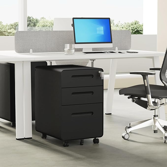 3 Drawers File Cabinet, Mobile Filing Cabinet with Lock, with 25 File Folders, Steel, Fully Assembled Except Casters, for Home Office, Black
