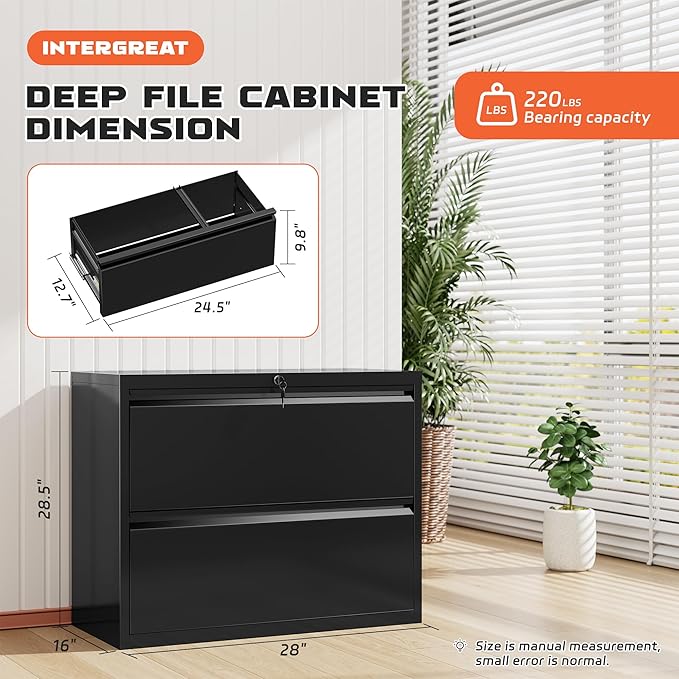 INTERGREAT File Cabinet 2 Drawers,Metal Lateral Filing Cabinet with Lock for Home Office, Locking Horizontal File Cabinet for Hanging Files Letter/Legal/F4/A4, Easy Assemble, Black,