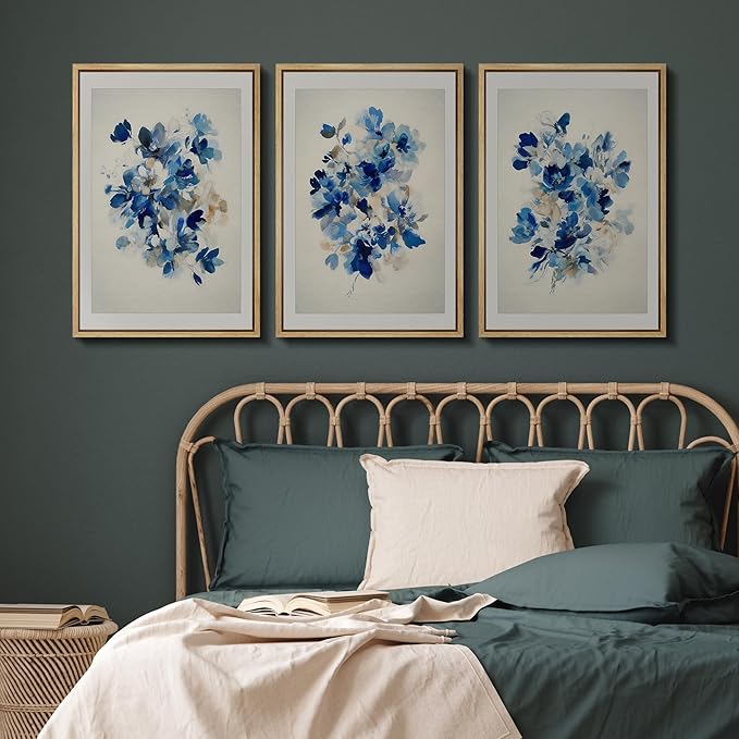 SIGNFORD Framed Wall Art Print Set Blue Blossom Watercolor Floral Botanical Digital Art Modern Art Contemporary for Living Room, Bedroom, Office - 16"x24"x3 NATURAL