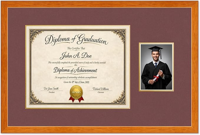 Diploma Frame With Photo Opening Honey Oak Dark Red Over Gold Mat - Fits 15 x 12 Degree and Picture Made in the USA
