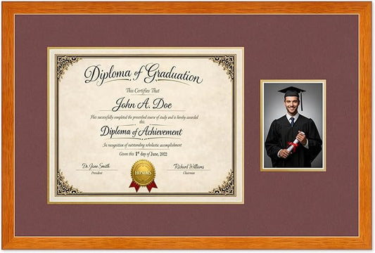 Diploma Frame With Photo Opening Honey Oak Dark Red Over Gold Mat - Fits 15 x 12 Degree and Picture Made in the USA