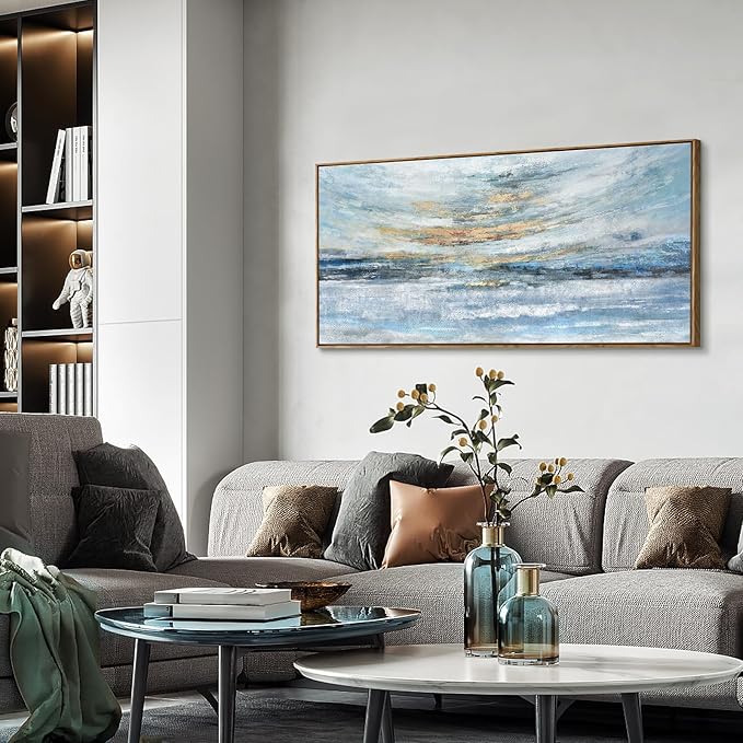 Nicetop Large Wall Art Canvas for Living Room, Framed Abstract Coastal Painting - 48x24 Inch Modern Light Blue and Gold Sunset Print, Ready to Hang Décor for Bedroom, Office, Bathroom, Dining Room Wall