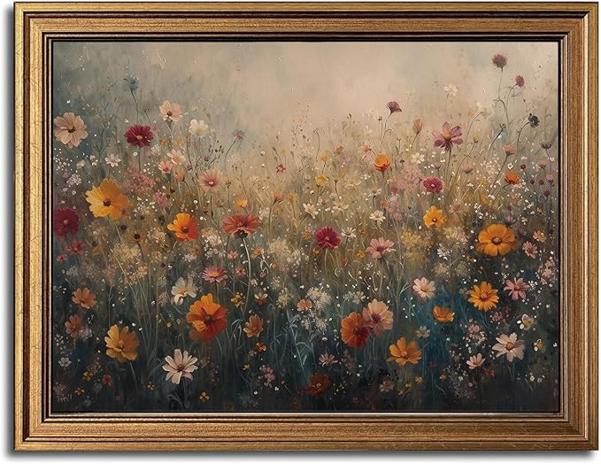 Gold Framed Wall Art Vintage Flower Canvas Wall Art Nature Landscape Flower Wildflower Artwork Prints Picture for Living Room Bedroom Farmhouse Bathroom Office Decor, 16x24