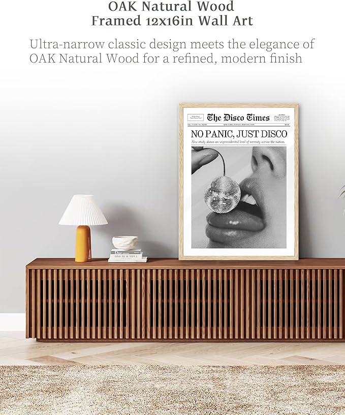 iHery No Panic Just Disco Framed Trendy NewsPaper Wall Art,Beige OAK Wood 12x16in Canvas Bedroom Wall Art, Cherry Disco Ball Headline Poster,Magazine Wall Decor For Dorm Living Room Home 1Pack