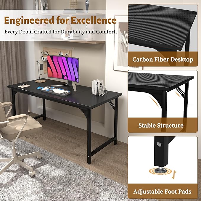 AZN Office Desk, Office Desk 55'', Carbon Fiber Desktop Computer Desk, 24'' Wide Computer Desk w/Large Legroom, Home Office Desks for Work Writing Study Gaming, Waterproof & Scratch-Resistant