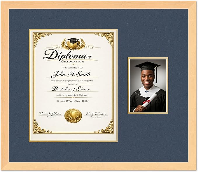 CountryArtHouse Fits 11 x 14 College Diploma (Portrait) and 5 x 7 Photo Diploma and Photo Frame Natural Wood Genuine Hardwood with Navy Blue Over Metallic Gold Double mat