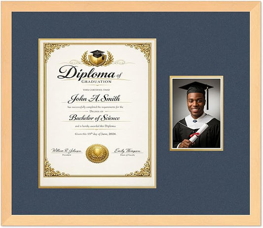 CountryArtHouse Fits 11 x 14 College Diploma (Portrait) and 5 x 7 Photo Diploma and Photo Frame Natural Wood Genuine Hardwood with Navy Blue Over Metallic Gold Double mat