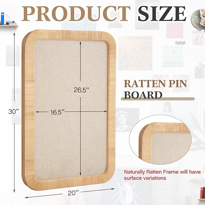 Vintage Framed Pin Board Linen Display Bulletin Board Large Cork Fabric Picture Photo Pinboard Memo Ornate Decorative Pinboard Ornate for Wall Gift(Boho Rectangle,20'' X 30'',Light Brown)