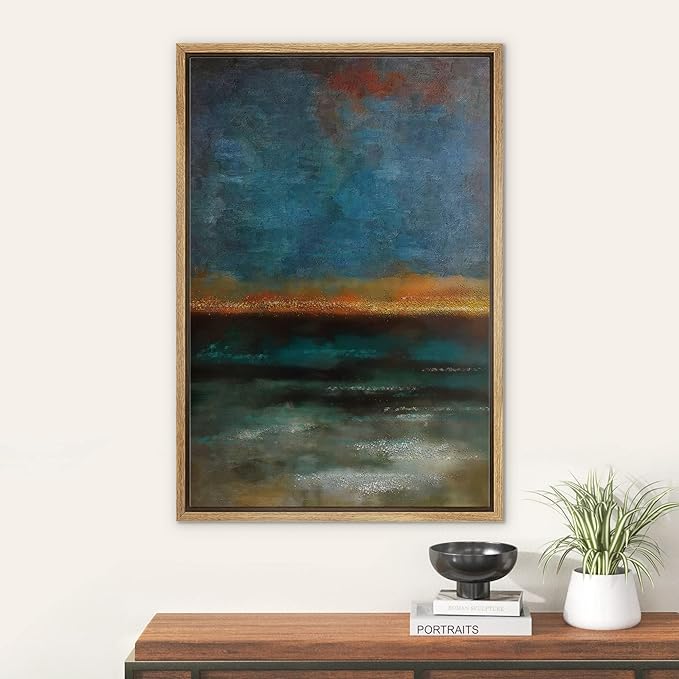 SIGNWIN Framed Canvas Print Wall Art Orange Ocean Horizon at Sunset Abstract Wilderness Illustrations Modern Art Modern Scenic Relax/Calm Ultra for Living Room, Bedroom, Office - 24"x36" Natural