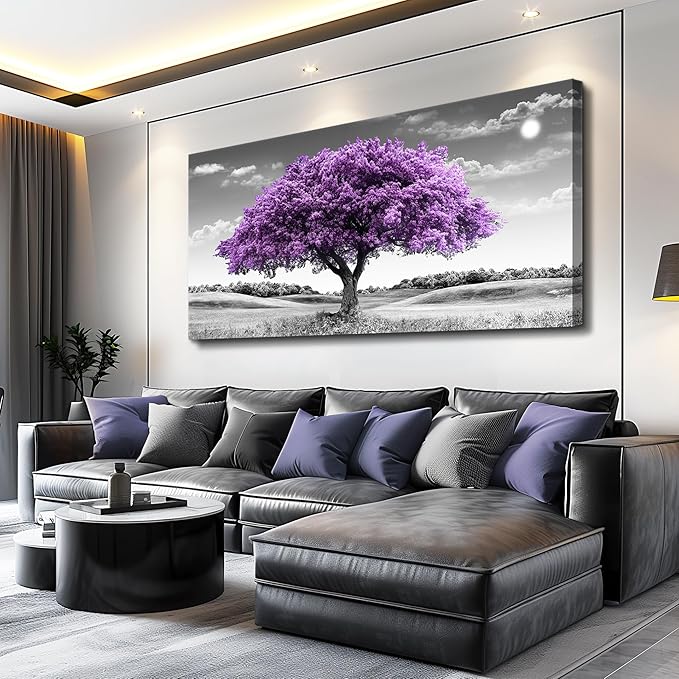 Canvas Wall Art for Living Room Large Wall Decor for Bedroom Modern Office Wall Decorations Purple Tree Landscape Painting Black and White Pictures Artwork Room Aesthetic Home Decor