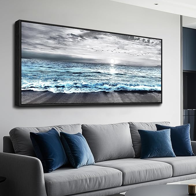 Wapluam Large Wall Art For Living Room Wall Decor For Office Black And White Painting Bedroom Wall Decorations Blue Sea Wave Pictures Artwork For Modern Black Framed Beach Canvas Prints Poster