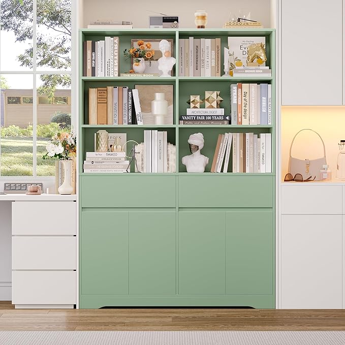 FINETONES 69" Green Bookshelf with Doors, 47.2" Double Wide Bookshelves and Bookcases with Storage, Tall Bookshelf Large Open Book Shelf Standing Book Case for Home Office, Green