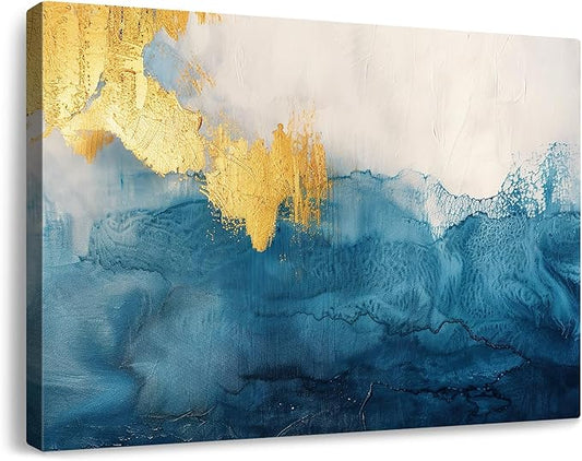gaosoul Modern Canvas Wall Art Blue Gold Leaf Abstract Painting Prints Minimalism White and Light Blue Tranquility Poster for Living Room Bedroom Office Decor Framed 36x24in