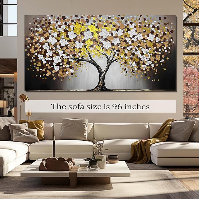 Tree Painting for Living Room for White and Gold Wall Art for Dining Room Extra Large Home Office Decor 47 x 95 Inch