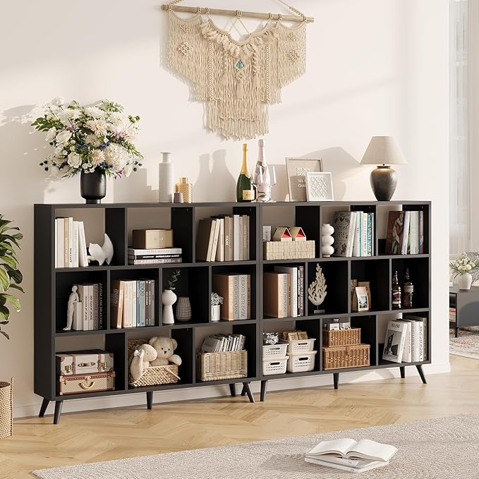 10 Cube Bookshelf, 3 Tier Wooden Book Shelf, Modern Black Short Bookcase with Solid Wood Legs, Small Book Cases Vintage Wide Storage Organizer with Open Shelf for Kids, Small Spaces, Bedroom, Office