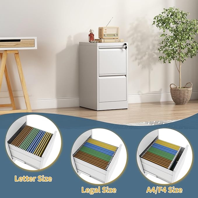 2 Drawer File Cabinet with Lock, Narrow Vertical Filing Cabinets for Home Office, Under Desk Storage Cabinet, Heavy Duty File Cabinet, Amssebly Required, White