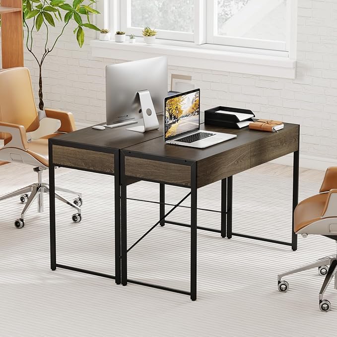 Giantex Computer Desk with 2 Drawers, 44 Inch Home Office Desk with Anti-Toppling Device & Metal Frame, Compact Laptop PC Table, Vanity Table, Modern Study Writing Desk for Small Spaces (Grey Oak)