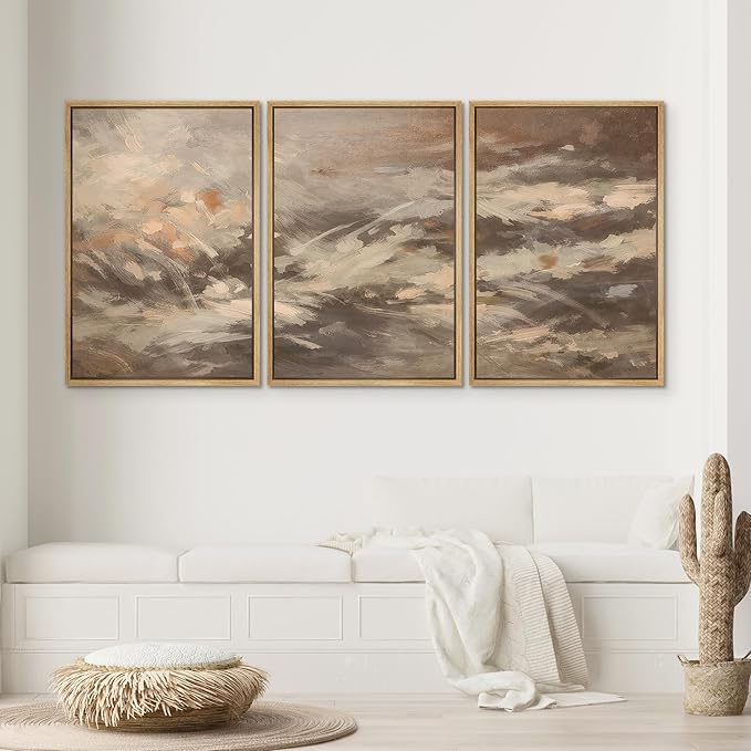 SIGNWIN Framed Canvas Print Wall Art Set Warm Earth Tone Brushstroke Abstract Illustrations Modern Art Decorative Boho Relax/Zen Nordic for Living Room, Bedroom, Office - 24"x36"x3 Natural