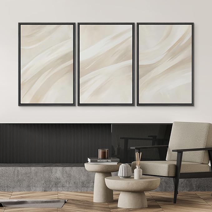 SIGNWIN Framed Canvas Print Wall Art Set Abstract Beige Flow Neutral Brushstroke Illustrations Modern Art Decorative Boho Relax/Zen Nordic for Living Room, Bedroom, Office - 16"x24"x3 Black
