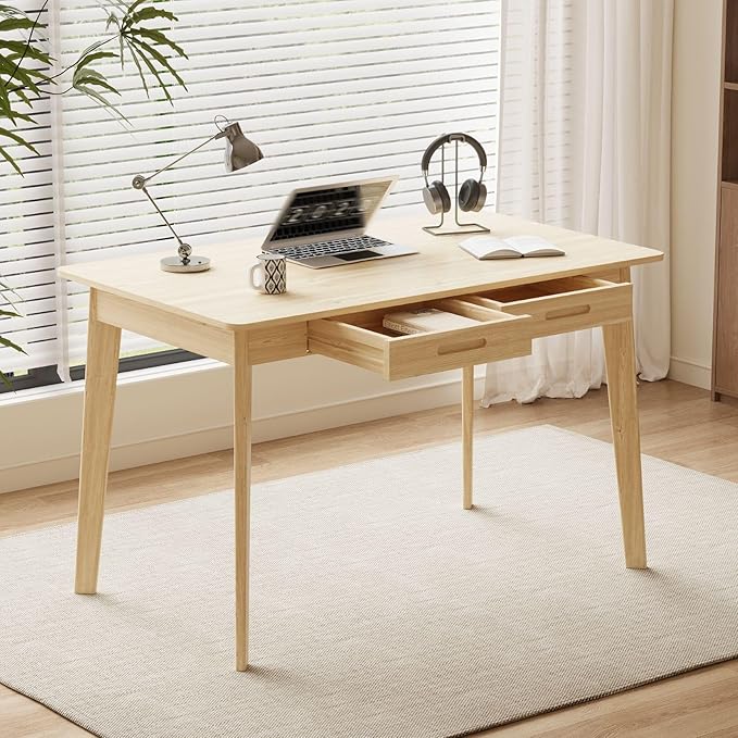 40 Inch Compact Computer Gaming Desk, Study Work Office Desk with 2 Storage Drawers, Rectangular Study Reading Table, Simple Computer Writing Table for Home Office, Living Room, Natural
