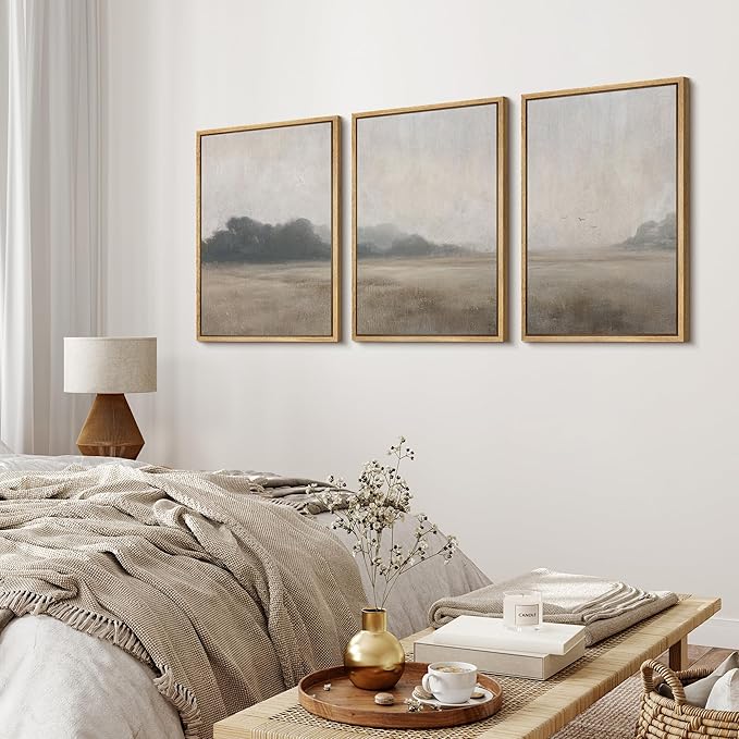 MUDECOR Framed Wall Art Print Set Serene MeadowTranquil Landscape with Foggy Fields and Distant Trees Illustrations Realism Decorative for Living Room, Bedroom, Office - 24"x36"x3 Natural