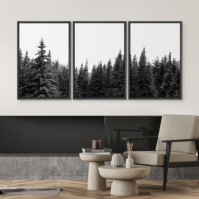 SIGNWIN 3 Piece Framed Canvas Wall Art Woodland Nursery Decor Black and White Forest Photo Nature Illustrations Abstract Traditional Home Artwork Decoration for Living Room,Bedroom - 24"x36"x3 Black