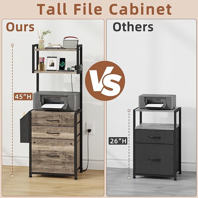 Small 3 Drawer File Cabinet with Charging Station, 45''H, 3-Tier Filing Cabinet for Home Office, 11''*16'' for Small Printer, Fabric Drawer Fits Letter/A4, Tall Printer Stand, Grey