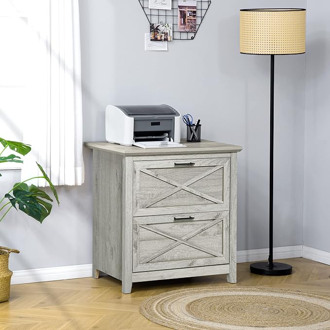 HOMCOM Retro Filing Cabinet with 2 Drawers, File Cabinet with Hanging Bars for Letter and Legal Size Document, Grey