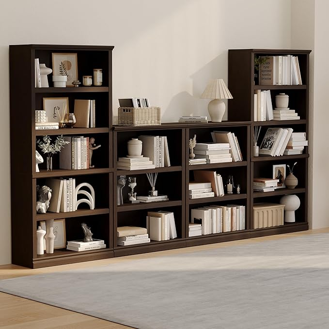 blini Wooden Bookshelf and Bookcase Set of 2, Cherry Wood Double Wide Large Bookshelves 3 Tier Bookshelf with Storage Cabinets for Living Room, Home Office, Library (Cherry Wood, 3-Shelf)