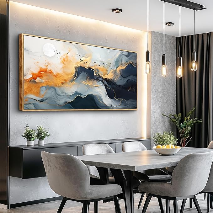 MHARTK66 Framed Wall Art Abstract Large Canvas Picture Ready to Hang Marble Fluid Art with Gold Foil Moon & Bird Design Home Decor for Living Room Bedroom Hotel Office Wall Decorative Artwork 20x40