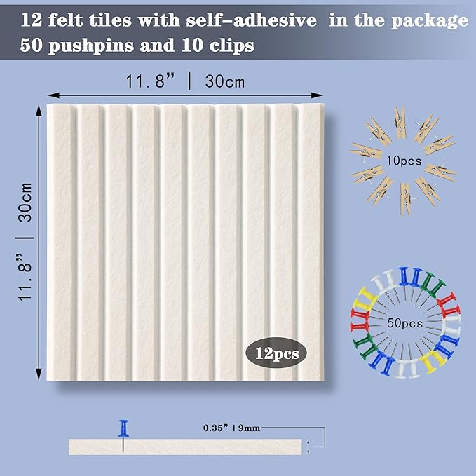 Large Cork Board Alternative-12 Pcs Self-Adhesive Felt Bulletin Board Tiles, Felt Pin Board Cork Board Tiles for Home Office Wall Decor, Tack Board 47"x35" (White