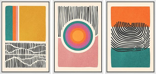 SIGNWIN Framed Canvas Print Wall Art Set Mid-Century Multicolor Color Block Shape Abstract Geometric Illustrations Graffiti & Street Art Modern Art for Living Room, Bedroom, Office - 24"x36"x3 White